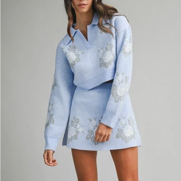 Pink Floral Jacquard Crop Sweater And Skirt Set - Picture 9 of 16